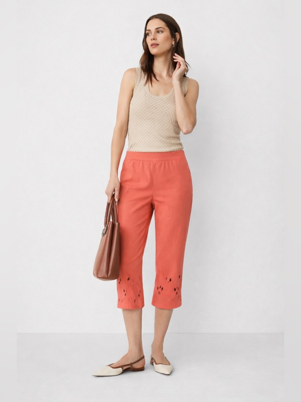 Worthington Summer Capri Straight Pull-on Pants Georgi Peach Color Size L
